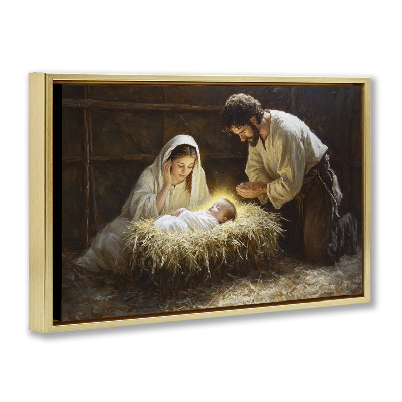 Cadre flottant Christ Nat Born, H 21 po x l 31 po, Cadre flottant métallique doré