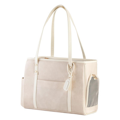 Fashion Dog Carrier Purse, Premium Leather Cat Carrier Bag, Airline Approved Soft Sided Pet Travel Tote Bag With Pockets Beige