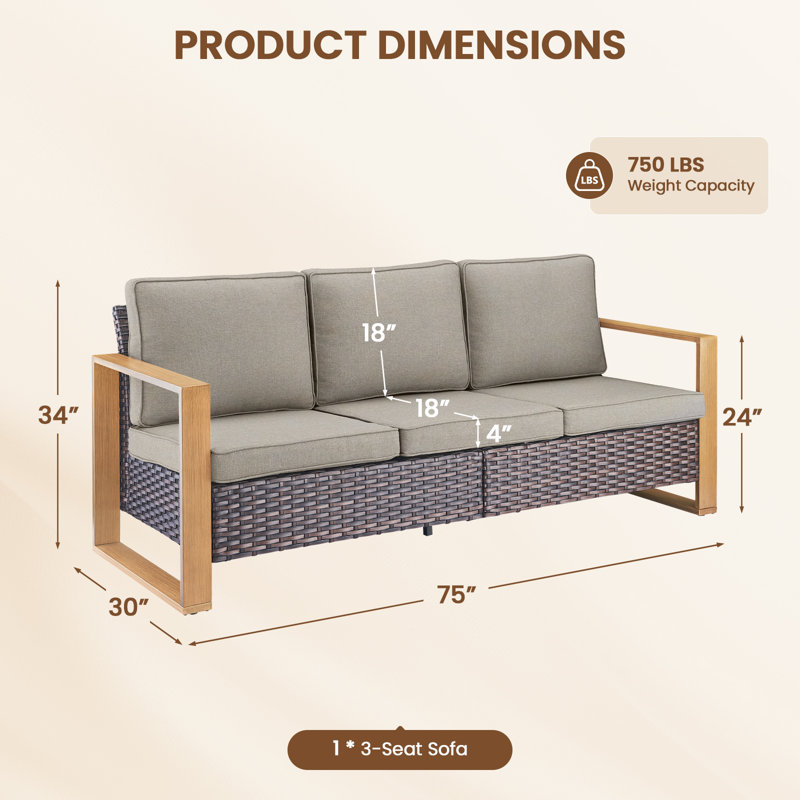 Allcot Patio Outdoor PE Wicker Sofa With Cushions, Gray, Brown