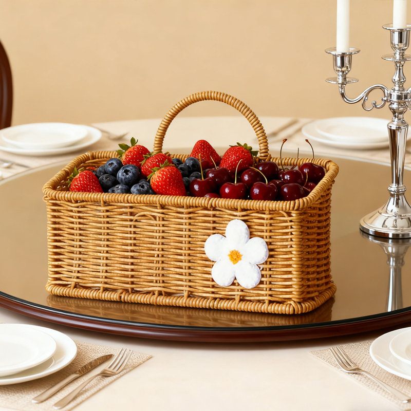 1 Piece Hand-Woven Rectangular Wicker Basket with Carrying Handles and Decorative Daisies for Multi-Purpose Home Storage, Kitchen Storage or Decorative Display
