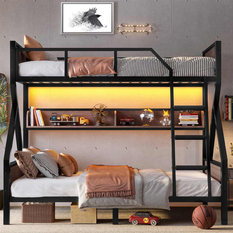 Black Bunk Bed, Metal Bunk Bed With Storage Shelves And Lights For Teens, Twin over Full