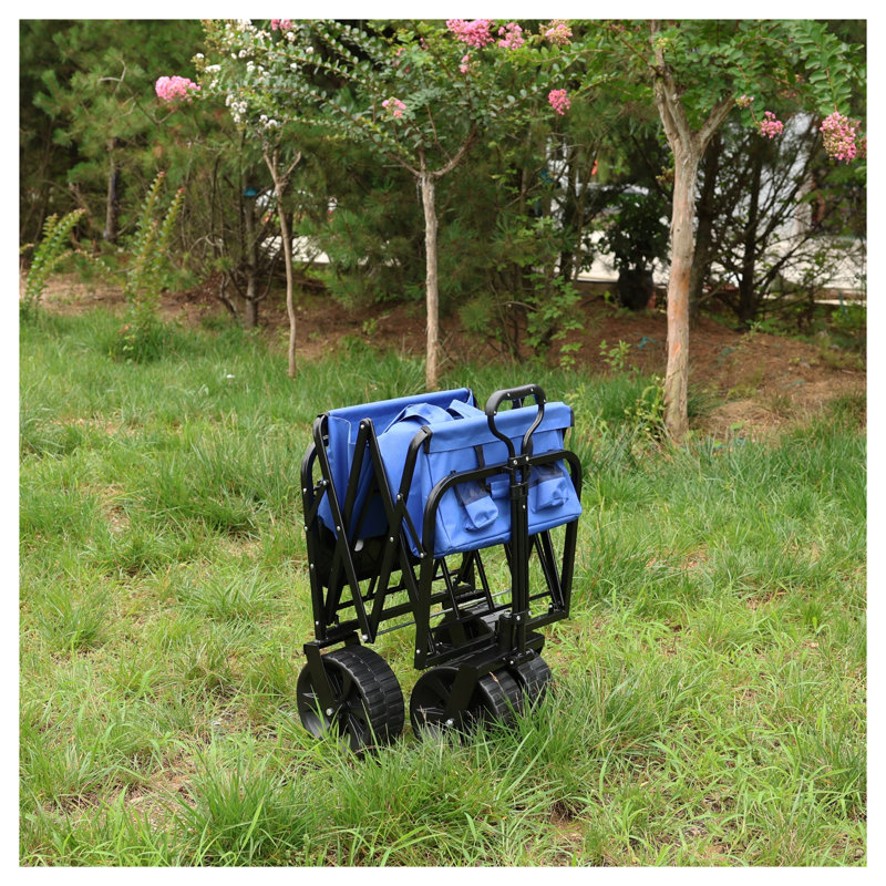 Chariot utilitaire pliable bleu avec roues tout-terrain et porte-gobelets - Chariot de jardin pliable robuste pour le camping, la plage et le magasinage
