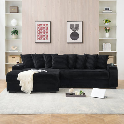 111" Modern L-Shaped Modular Sectional Sofa, Luxury Corduroy Cloud Couch With Reversible Chaise, 8 Plush Pillows, Armrest Storage, And Cup Holders For Living Room & Office