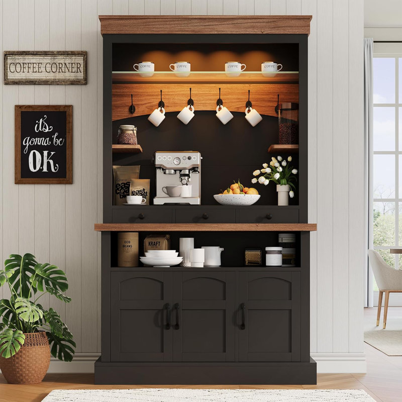Coffee Bar Cabinet, 72 in Coffee Bar Hutch, Farmhouse Sideboard Buffet Cabinet with Adjustable Storage Shelf, LED Light/6 Hooks/3 Drawers