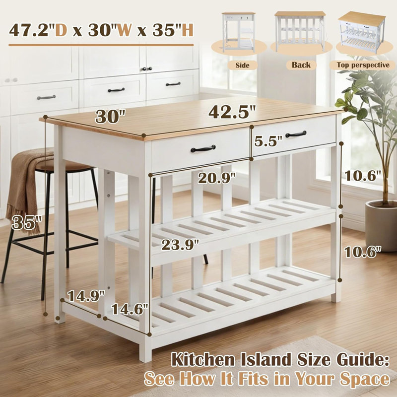 47.2" Kitchen Island With Power Outlets & 2 Large Drawers - Farmhouse Stationary Island Table With 2 Open Shelves, Wine Rack, 6 Hooks For Living Room, Dining & Coffee Bar, White