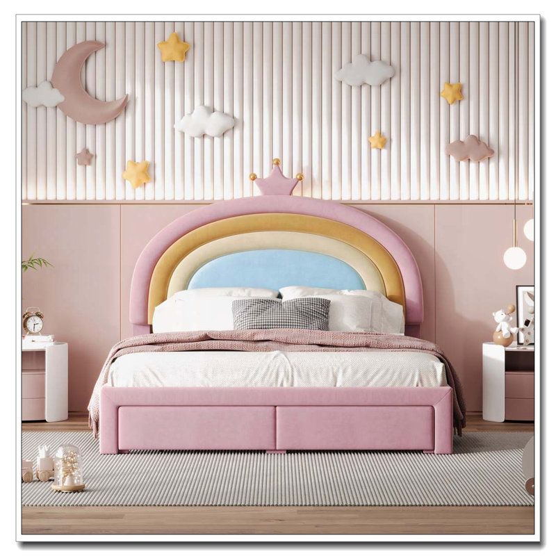 Lit plateforme tapissier en velours avec tiroir de rangement, Lit double