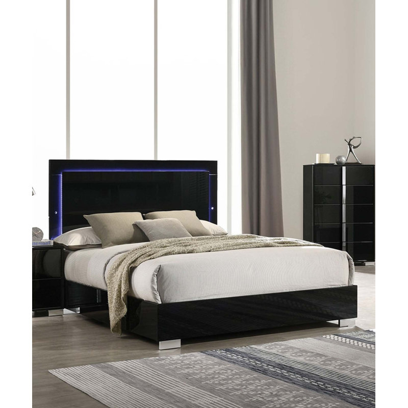 Lit 1Pc avec tête de lit à DEL avec finition UV et chambre à coucher (seulement lit), Noir, Grand