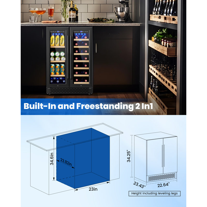 24 Inch Black Wine Beverage Refrigerator,  Dual Zone Wine Fridge Under Counter With Stainless Steel Glass Door And Lock,  Mini Bar Fridge For Home