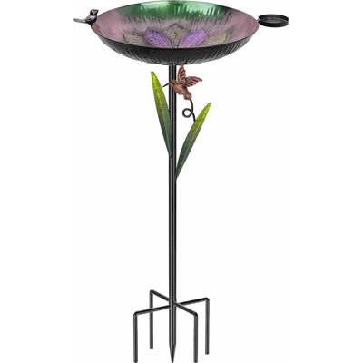 Bain d'oiseaux en métal pour l'extérieur, lavabo autoportant de 105 cm | Base amovible et robuste à 5 branches, bain d'oiseaux et mangeoire en fer durable avec oiseaux décoratifs pour terrasse (violet à vert)