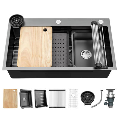 32" Undermount Kitchen Sink Single Bowl Workstation with 7-Piece Accessory Kit, Stainless Steel Matte Black Large Basin X-Shape Fast Drainage