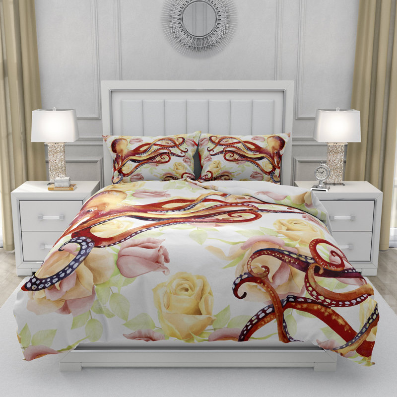  Ensemble de housse de couette Floral Octopus, Housse de couette grand + 2 taies décoratives