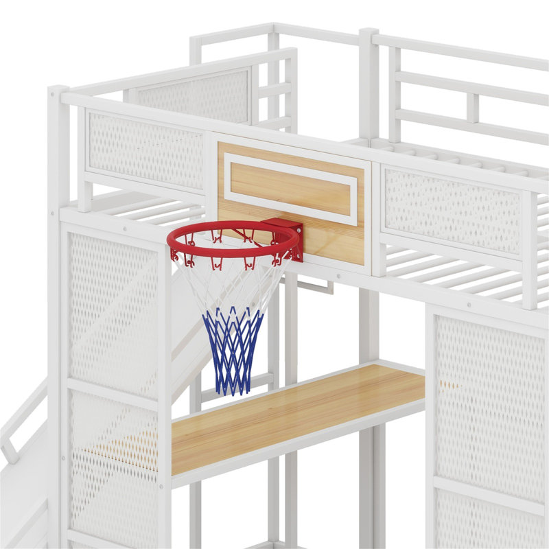 Lit mezzanine en métal avec bureau intégré, garde-robe ouverte, panier de basketball, glissade et escalier, Blanc
