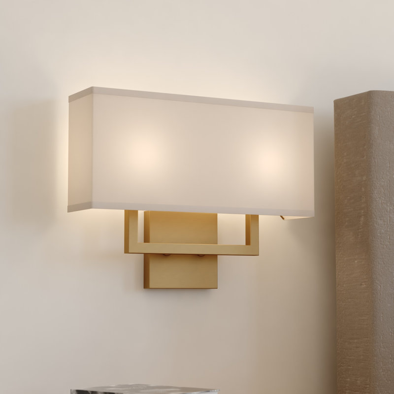 Glenview 2-Light 15 In. Wide Satin Brass Gold Contemporary Wall Sconce, White Linen Fabric  Shade, Dimmable, LED Compatible, Steel Bathroom Vanity Lighting Fixture