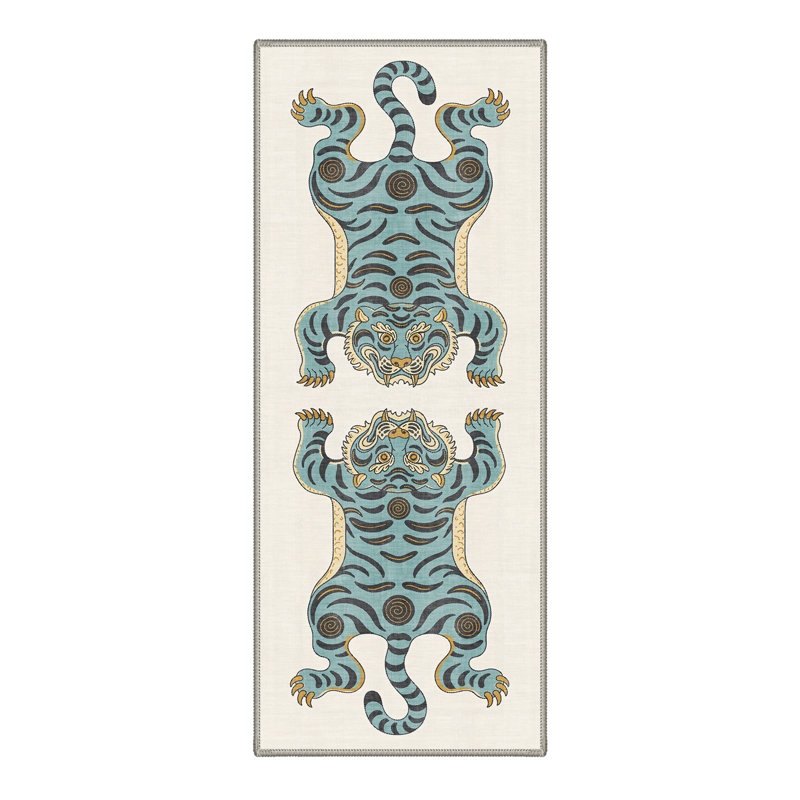 Tigris Animal Print Machine Washable Beige / Blue Indoor Area Rug with Non-Slip Backing, Runner 2' x 7'