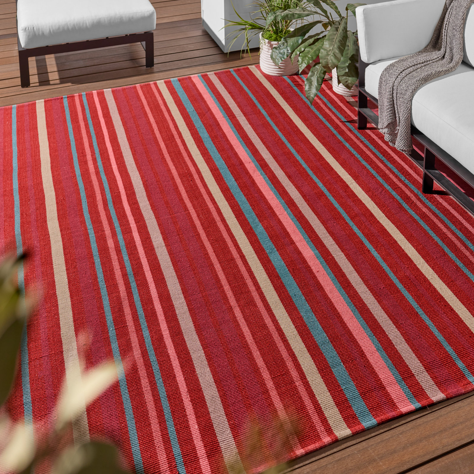 Etha Red Blue Cream Hand-Woven Striped Rug, Rectangle 9' x 12'