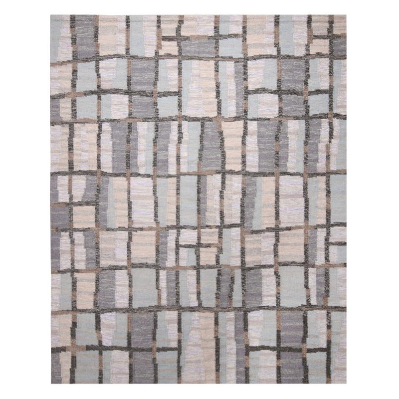 Rug & Kilim’S Scandinavian Geometric Gray And Blue Wool Rug, Rectangle 12' x 15'