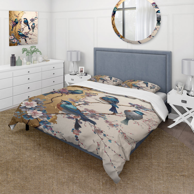 Ensemble de housse de couette multicolore en microfibre / polyester Birds On Plum Blossoms Tree II