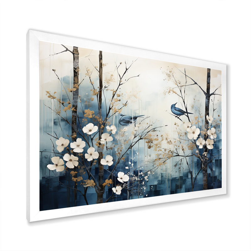 «Blue and White Forest Winter Harmony I», art mural sur toile, H 16 po x l 32 po x P 1 po, Cadre simple blanc