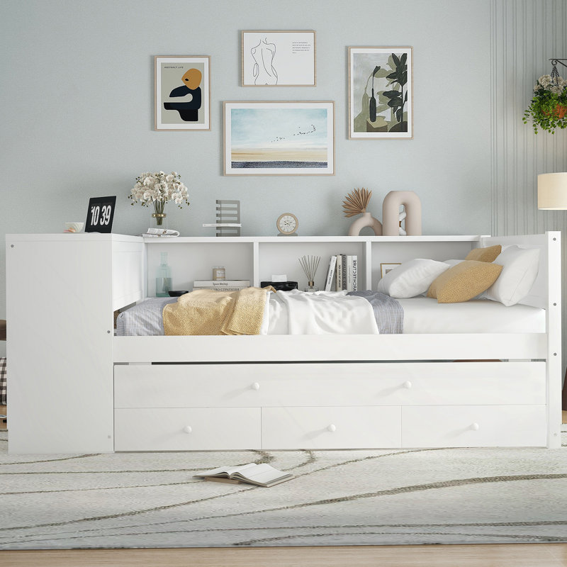 Functional Twin Daybed with Trundle, Storage Drawers, Side Shelves and Desk, Ideal for Space - Saving and Comfortable Living