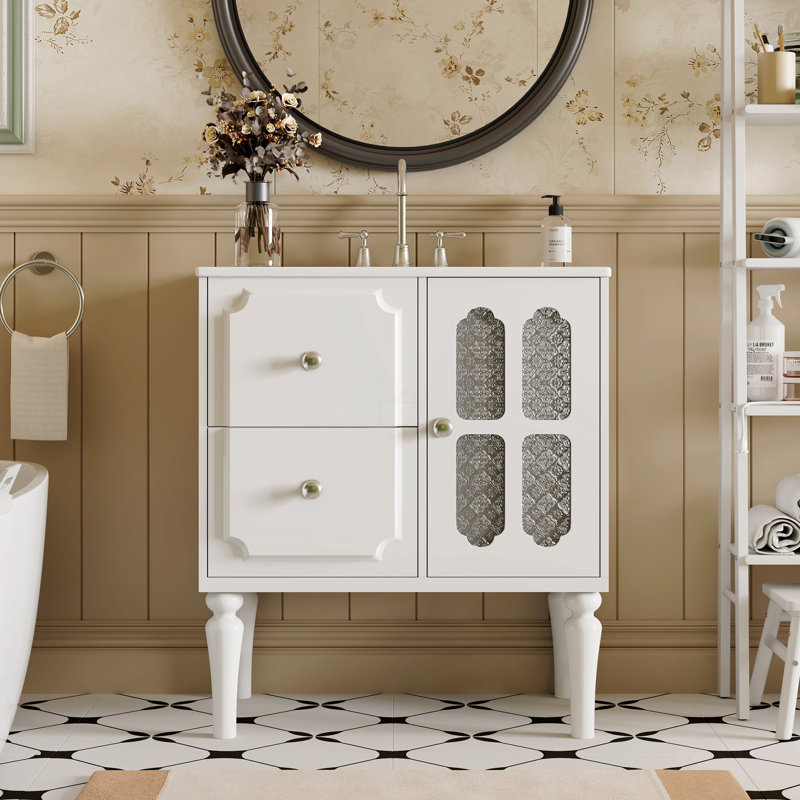 Ensemble de meuble-lavabo avec lavabo en céramique, meuble-lavabo simple autoportant avec 2 tiroirs et armoire de rangement