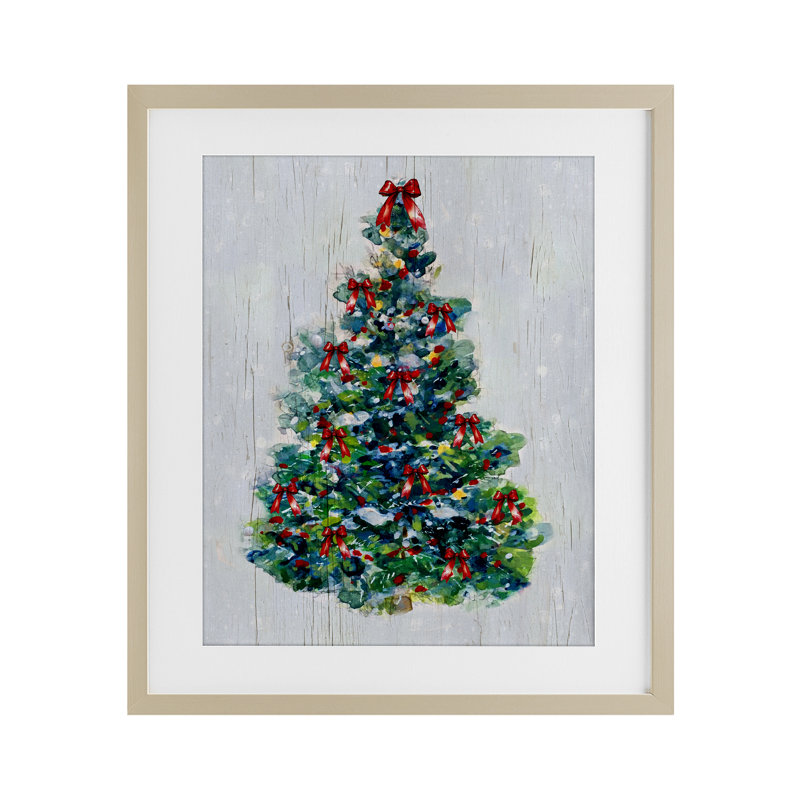 O Christmas Tree Celebration, reproduction encadrée sous verre, conception de Sally Swatland, Cadre de récolte en pin