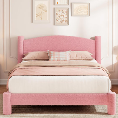 Full Size Boucle Bed Frame, Upholstered Platform Cloud Bed with Soft Round Headboard & Cylindrical Legs, Heavy Duty & Noise Free, No Box Spring Needed, Easy Assembly, White