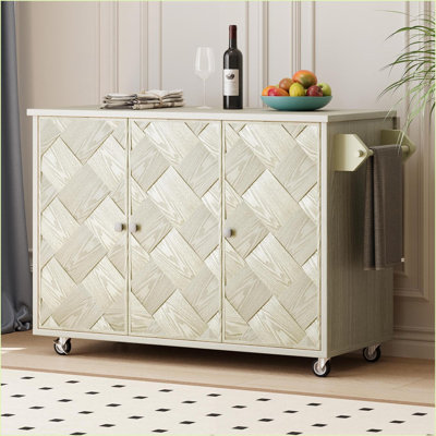 Îlot de cuisine avec abattant - chariot à champagne de style bord de mer l 51,2 po | Placage de frêne tissé à la main | Bois aggloméré pin