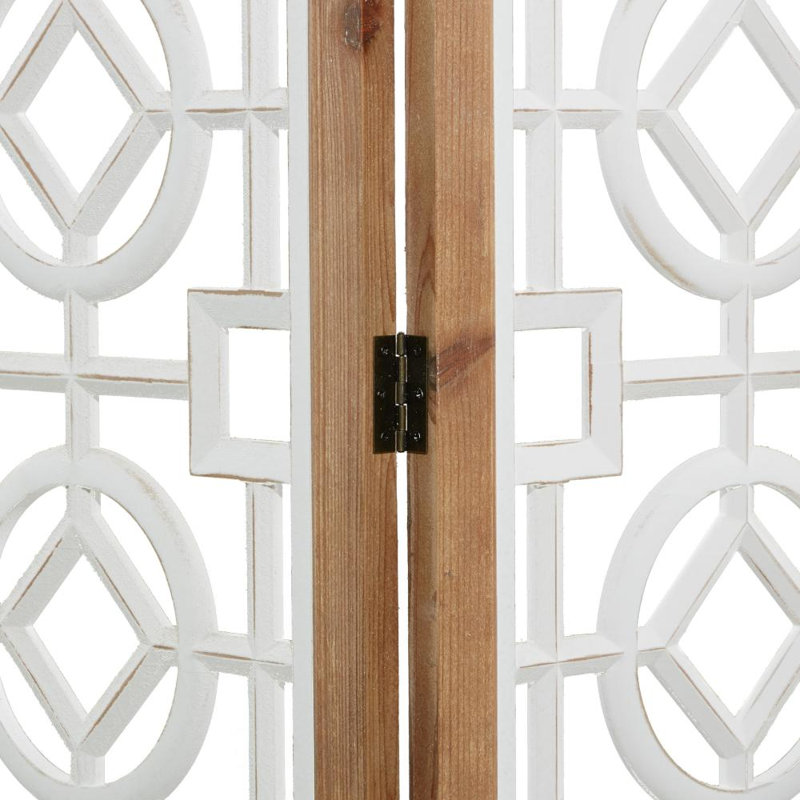 Epperson Wood Hinged Foldable Partition 3 Panel Geometric Divider Screen with Intricately Carved Designs