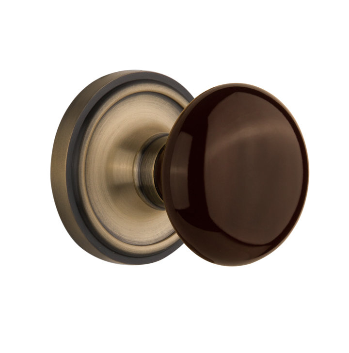 Classic Rosette with Brown Porcelain Door Knob, Antique Brass, 2-3/4"
