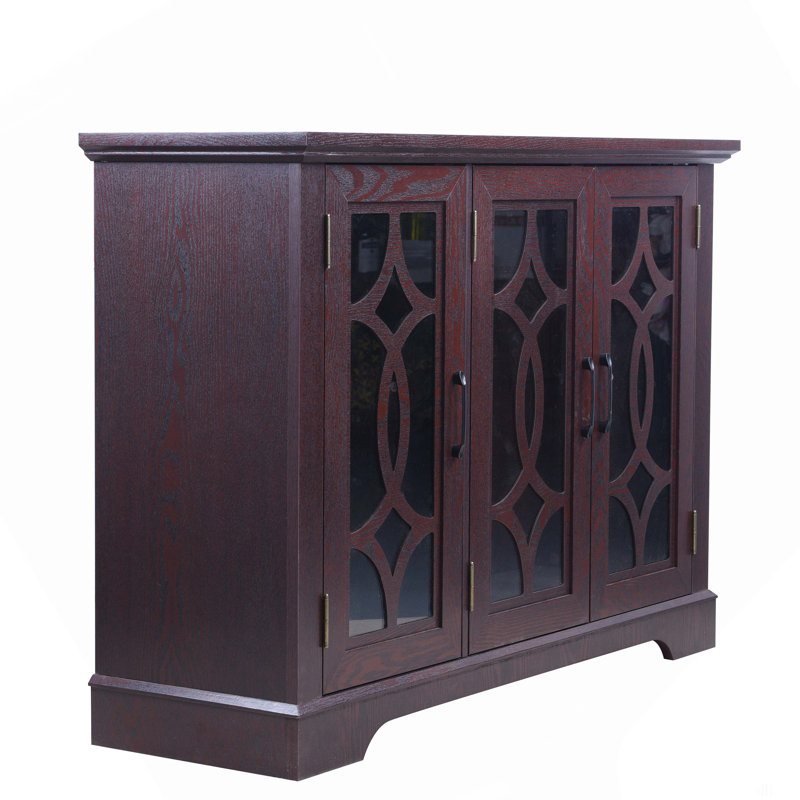 48.66" X 15.55" X 34.06" Spacious Size Sideboard 3 Clear Tempered Glass Doors Buffet With Adjustable Shelf, MDF With Dark RED Decorative Laminates Storage Cabinet For Dinning Room, Kitchen,Living Room