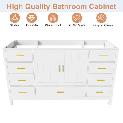 60" Bathroom Vanity Base Cabinet with 2 Soft-Close Double Doors, 1 Large Drawer, 6 Small Drawers & 2 Small Flip Storage Compartments(White)