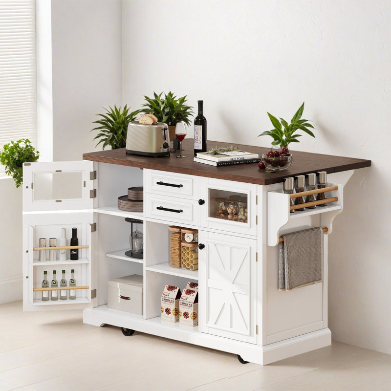 Kitchen Island With Drop Leaf, Power Outlet, 4 Door Shelves, Cross Barn Doors & Visual Glass Door, 2 Drawers, Towel Rack, Spice Rack And Adjustable Shelves