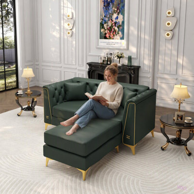 Canapé Chesterfield modulaire 2 places de luxe de 157 cm (61,8 po), canapé en similicuir avec capitonnage à boutons fait main, accoudoirs à garniture métallique et pieds fins en métal, comprend 2 coussins pour salon, appartement