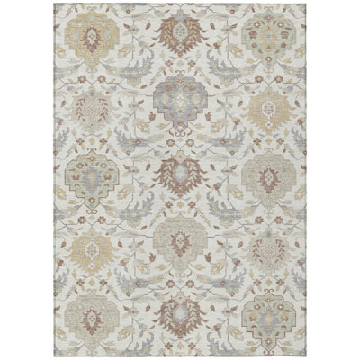10' X 14' Ivory Brown And Gray Damask Washable Indoor Outdoor Area Rug