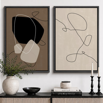 Mid Century Shape "Brown And Black Abstract Neutral Line Chic Framed Canvas Print 2 Pieces Wall Art
