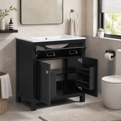 Meuble-lavabo 30 po avec lavabo en céramique, armoire de salle de bain simple noire moderne avec 2 portes et une tablette, portes à fermeture douce