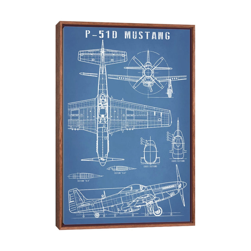 P-51 Mustang-imprimé rétro avion, H 60 po x l 40po x P 1,5 po, Toile avec cadre en bois brun classique, Pas de tapis