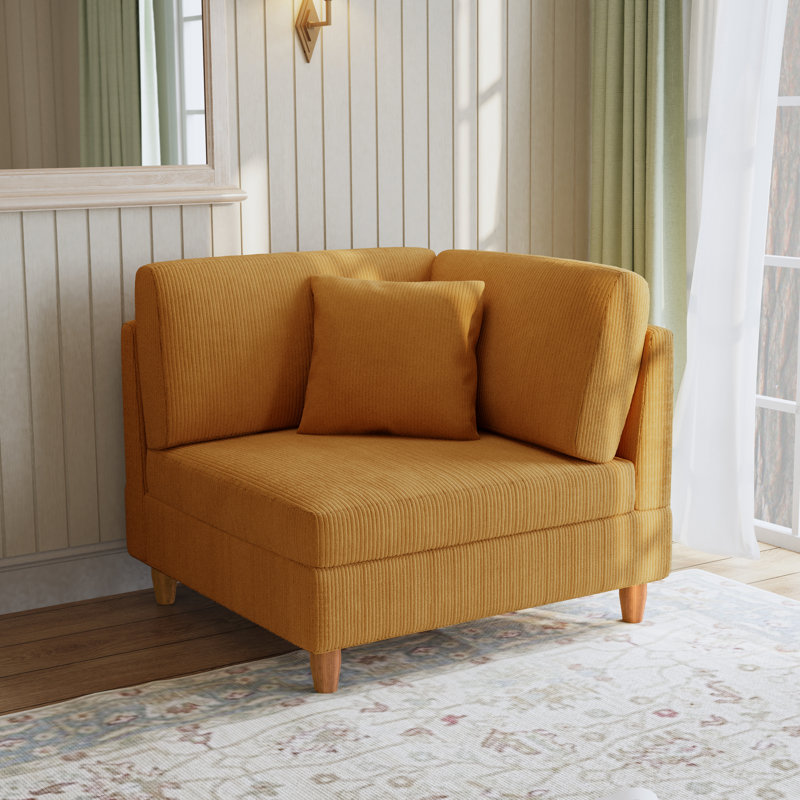 Seemab Upholstered Orange Corduroy Armchair with Pillow Back, One Arm Single Chair Module Part For Sectional Sofa, Orange