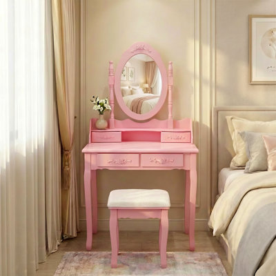 Ensemble de coiffeuse avec miroir et tabouret rembourré, coiffeuse en bois à 4 tiroirs pour chambre de fille, coiffeuse avec beaucoup de rangement