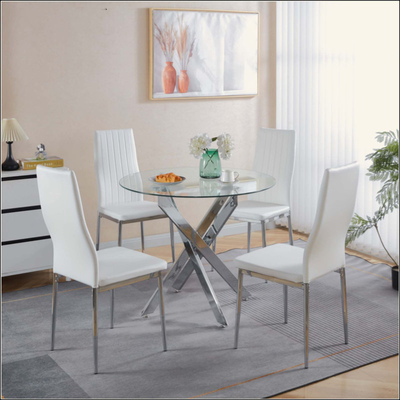 Ensemble de salle à manger 1 + 4,5 pièces, table de salle à manger Mid-Century pour 4 à 6 personnes avec plateau en verre, table de salle à manger à piédestal, table basse de loisirs.