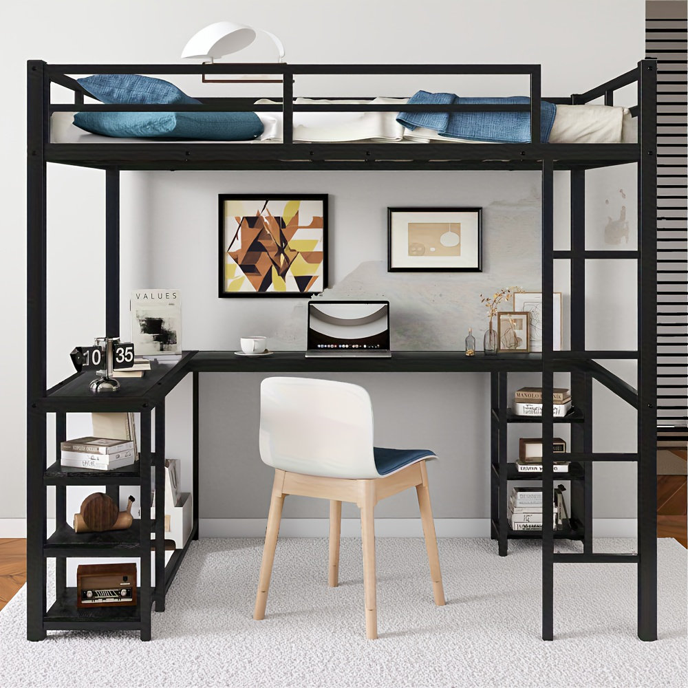 EvoNet Full Size Metal Loft Bed With Desk And Shelves, Space-saving L ...