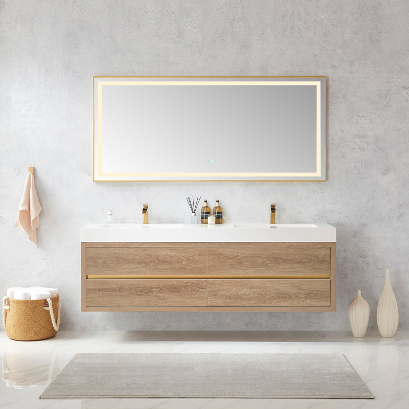 71.7'' Double Bathroom Vanity with Composite Top, White, North American Oak Finish