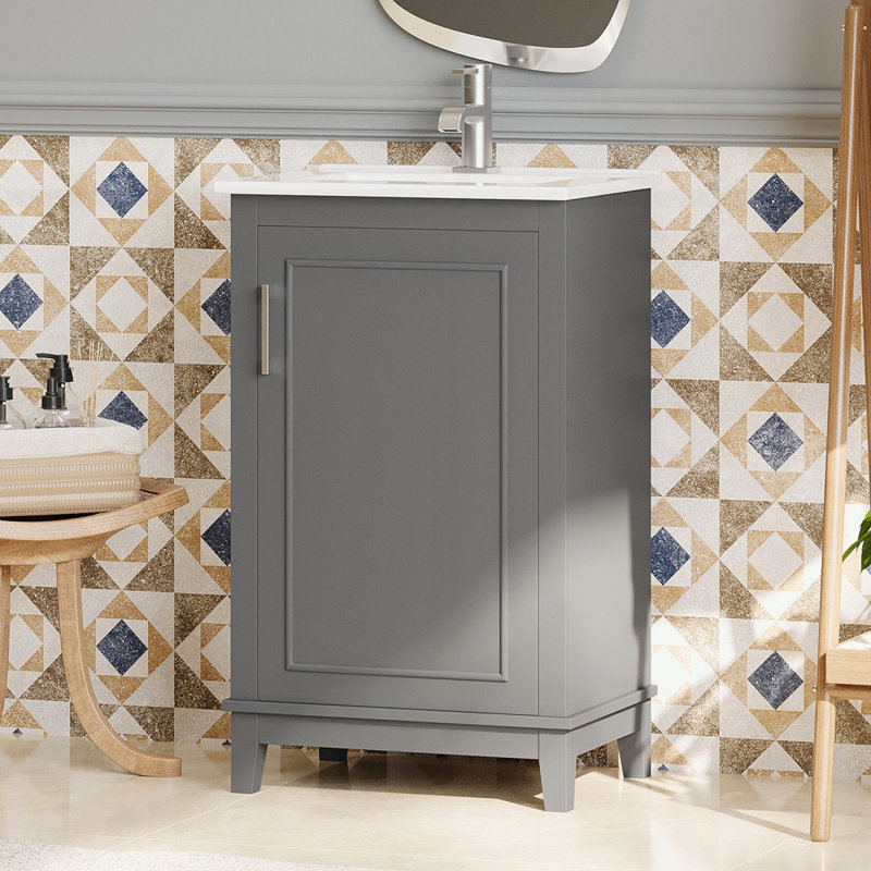 Petit meuble-lavabo moderne avec lavabo en céramique, Gris