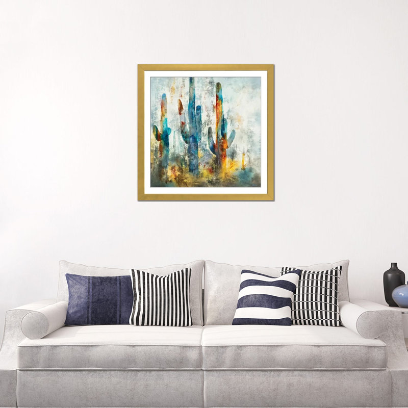 «Saguaro Forest» encadré par Scott Brems, H 24 po x l 24 po x P 1 po, Papier avec cadre doré, Oui