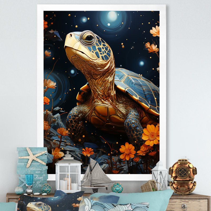 Tortue avec ciel étoilé sur toile, Cadre simple blanc, H 32 po x l 24 po x P 1 po