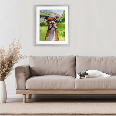 Boxer and Rainbow Portrait Framed Print Under Glass, design by George Dyachenko