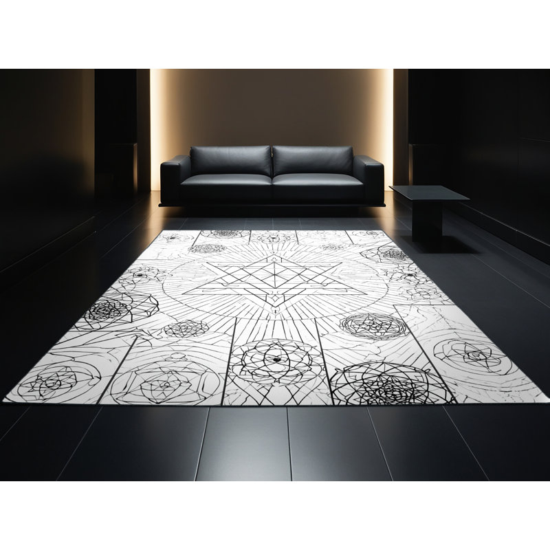 Tapis doux et moelleux d'inspiration géométrique d'inspiration mondiale en bleu - reliure noire, 7 x 9