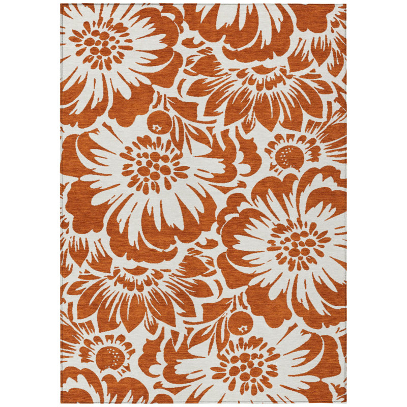 3' X 5' Rust and Ivory Floral Washable Non Skid Indoor Outdoor Area Rug