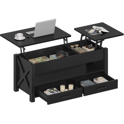 Lift Top Coffee Table With Storage Drawers And Hidden Compartment, Dual Function Farmhouse Center Table With Adjustable Height For Living Room