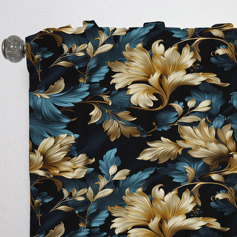 Bleu foncé et doré Techno Damask Realm IV - Rideau damassé - Rideau obscurcissant - 1 panneaux, L 52 po x L 84 po